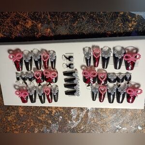 Pink and Black Hand-Painted Press-On Nails